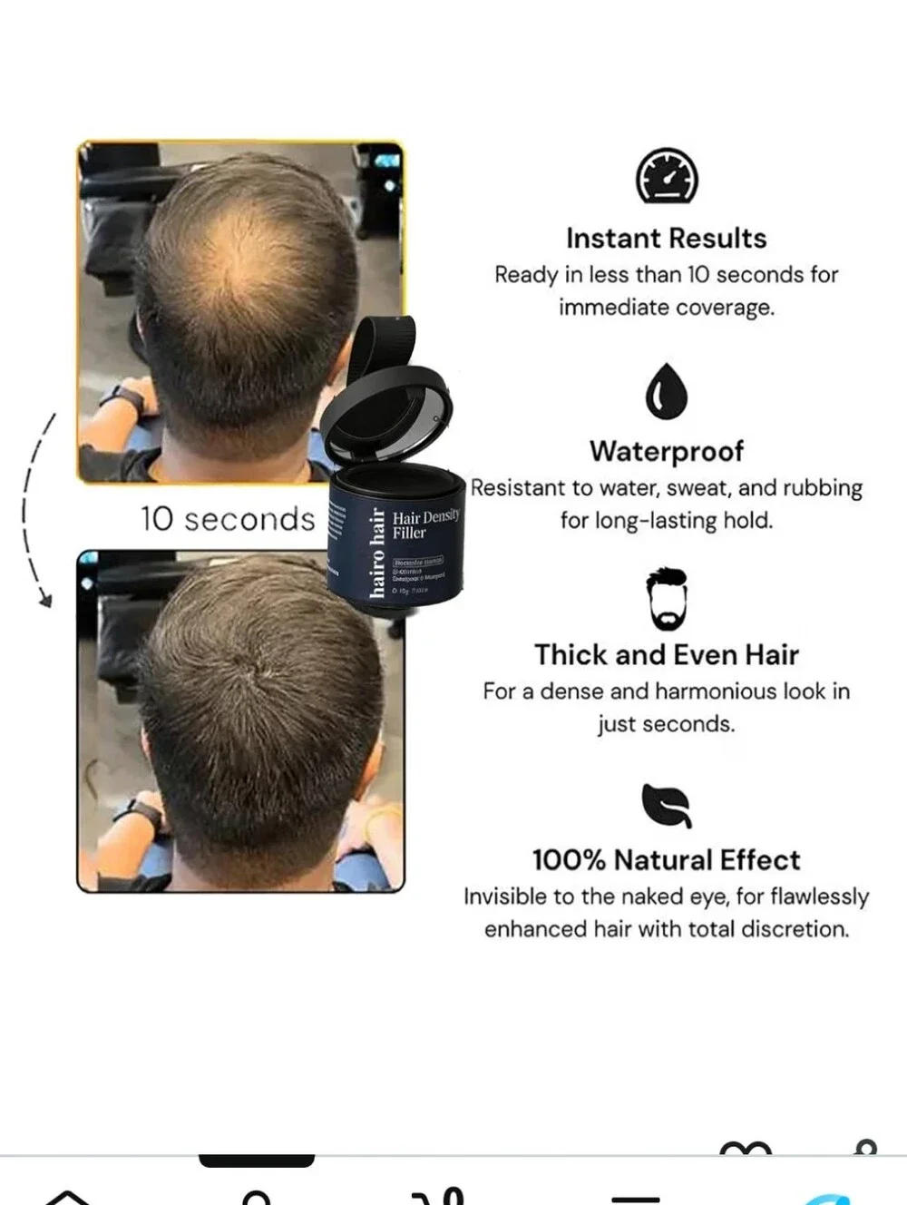 Hair Density Filler Hairline Powder for Instant Gray Coverage & Bald Spots Black